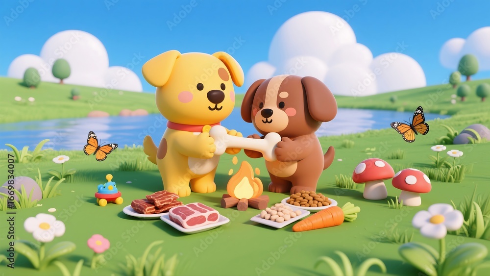 Fototapeta premium Two cartoon dogs enjoying a picnic by a lake with food and flowers in a sunny, whimsical setting