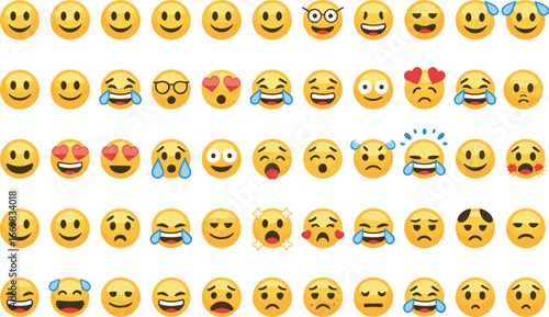 Emoji icons, smiley faces, laughing, crying, happy, sad, love, shocked, expressions, emotions, cartoon character vector set
