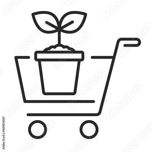 Shopping cart line art icon with potted plant for agriculture, gardening, and farming business.