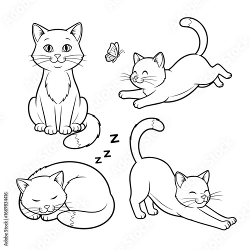 Cute cartoon adorable cat with flowers coloring pages for kids, vector outline illustration for children book design	