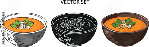 Delicious creamy soup vector set for culinary design and healthy eating concepts