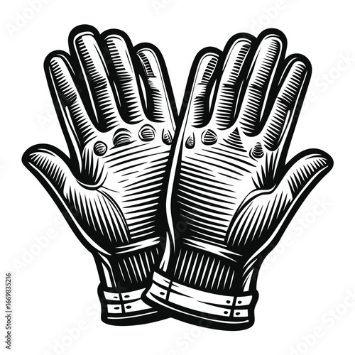 Monochrome Vector Illustration of Two Stylish Gloves Depicting Fashion and Protection Handwear with Outlined and Filled Silhouettes on White Backdrop