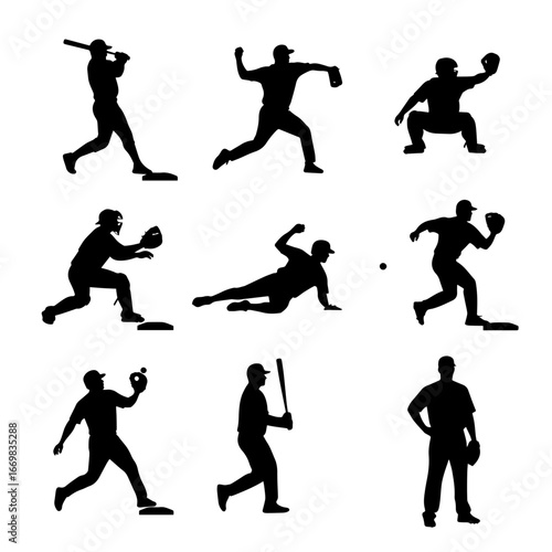 Baseball Players in Action: Dynamic silhouettes of baseball players showcase the essence of action, with each pose narrating the story of the game