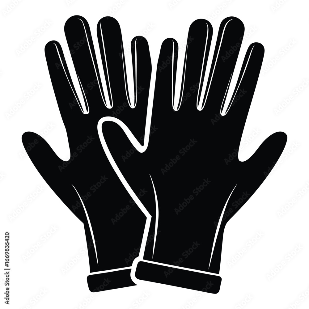 Obraz premium Monochrome Vector Illustration of Two Stylish Gloves Depicting Fashion and Protection Handwear with Outlined and Filled Silhouettes on White Backdrop
