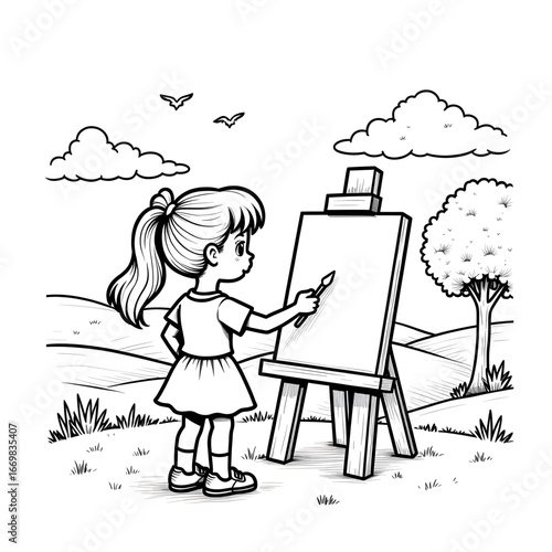 Aspiring artist: A young girl with ponytail meticulously paints on a canvas in the great outdoors, evoking creativity and wonder. 