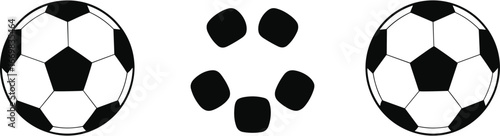 Soccer ball icon set, black and white, football design elements, sports vector, pentagon pattern, game equipment, illustration, sport symbol, isolated objects