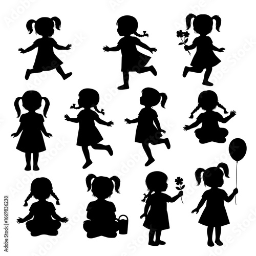 Group of children various poses standing in row vector silhouette set.