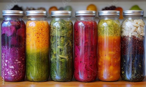 Vibrant collection of assorted fermented foods displayed in clear glass jars, featuring a colorful array of textures and hues from vegetables and fruits. This image promotes healthy, Generative AI