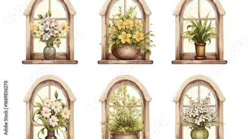 Title: Beautiful Vintage Old Windows with Colorful Flower Arrangements in Classic Decorative Style Isolated on White Background