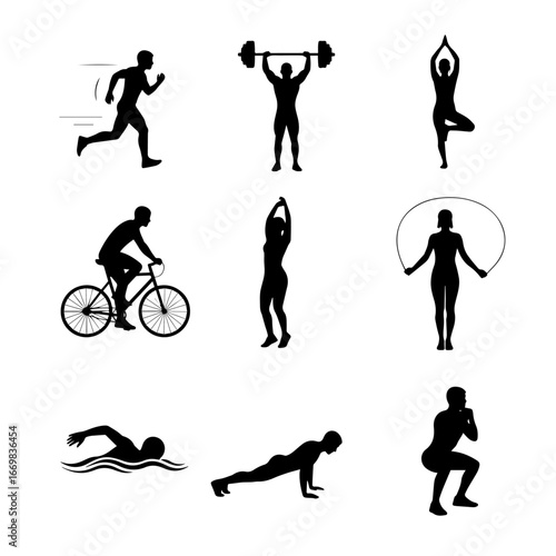 Set Silhouette Fitness Icons Set Featuring Running, Weightlifting, Yoga, Cycling and More for Health and Wellness Stock Use