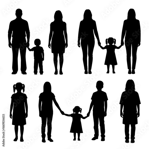 Family silhouettes. Collection of family silhouettes on isolated background. Vector	