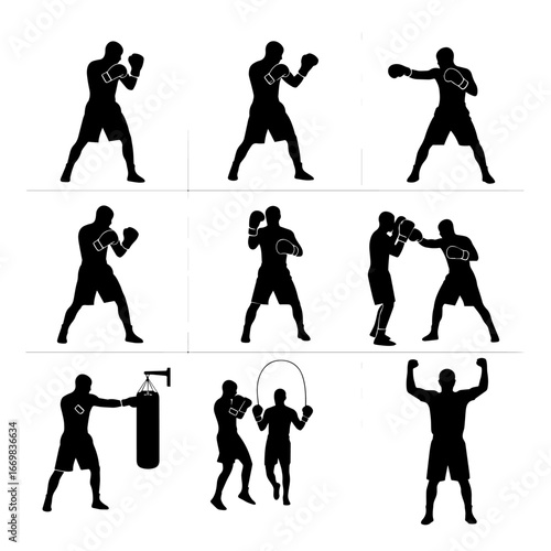 Silhouette illustration of eight boxers performing coordinated movements, showing teamwork and strength