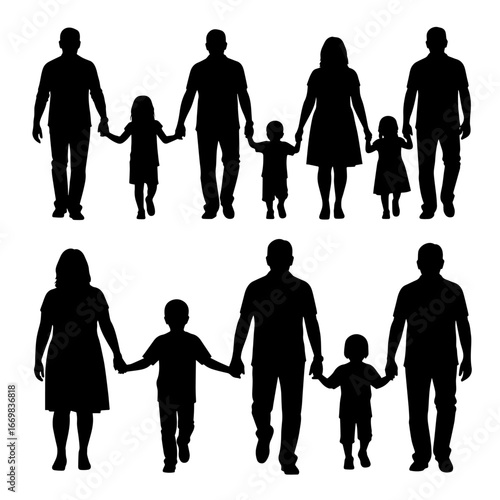 Family Silhouettes in a Grid: Diverse Adults and Children Holding Hands Across a Shared Moment
