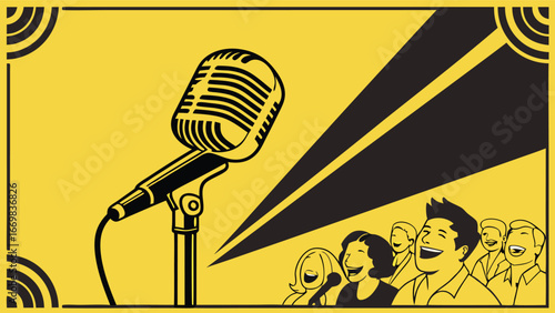 Captivating comedian electrifies audience with spotlighted retro microphone performance
