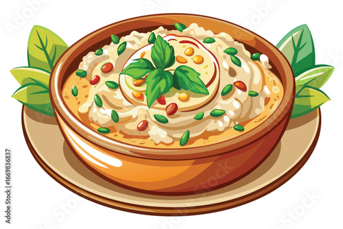 A Hearty Bowl of Creamy Polenta, Garnished with Fresh Herbs and Vibrant Tomatoes, Displayed in a Rustic Ceramic Bowl