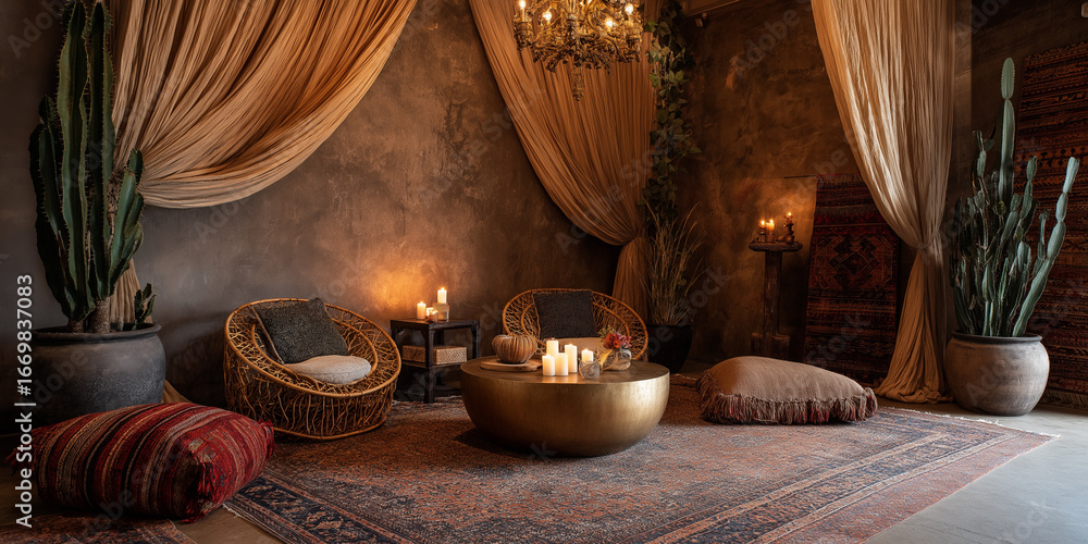 Fototapeta premium Cozy Oriental Lounge With Cushions Wicker Chairs Golden Table And Candles Surrounded By Draped Fabric And Warm Lighting