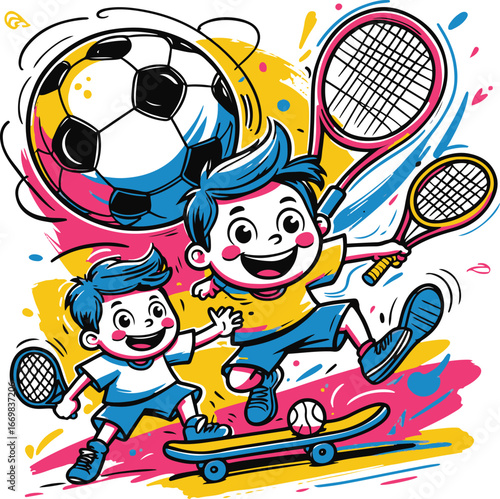 Bold thick line cartoon kids sports doodle, soccer ball with face, tennis racket, skateboard, basketball hoop, playful outline illustration 1
