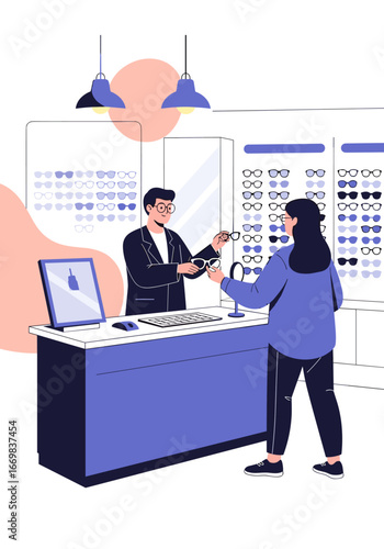 Customer purchasing eyeglasses at an optometry clinic counter