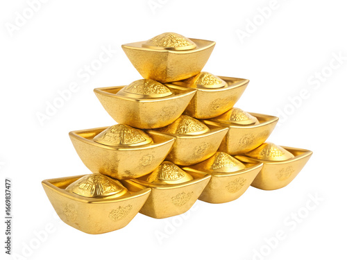 Golden Chinese New Year Ingots Arranged in a Pyramid Shape Against a Black Background Detailed Closeup View Showing Intricate Gold Designs and Textures on Each Ingot