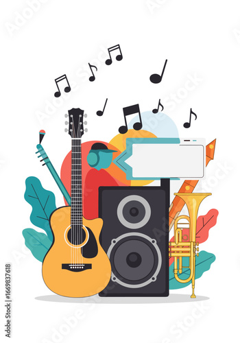 Acoustic guitar speaker trumpet headphones musical notes sound waves and abstract shapes for entertainment