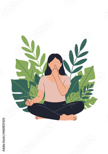 Woman practicing alternate nostril breathing yoga pose amidst lush green foliage