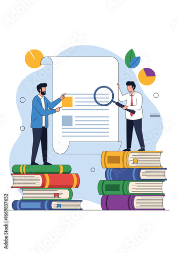 Analyzing document content with magnifying glass over stacked books and charts