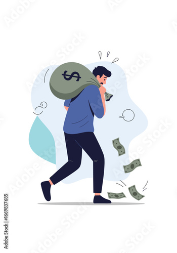 Man carrying heavy money bag feeling the weight of financial burden