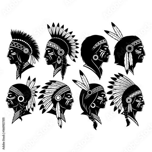 Set Of Eight Native American Chiefs Silhouettes With Feather Headdresses In Black And White Artwork