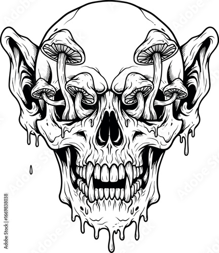 Surreal skull with mushrooms and bat wings drip art tattoo design vector