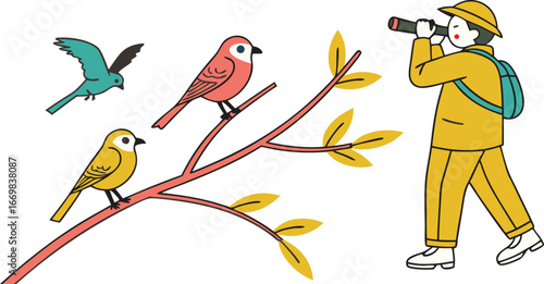 Enthusiastic ornithologist observes colorful birds perched on branches using binoculars, capturing nature's beauty.