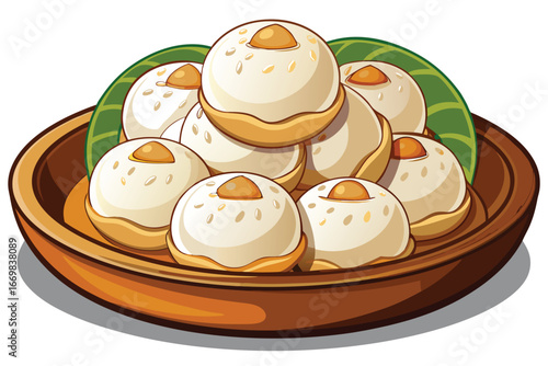  Delicious Creamy Dessert Balls Adorned with Berries and Greenery in a Traditional Serving Dish Offering a Delightful Visual Treat