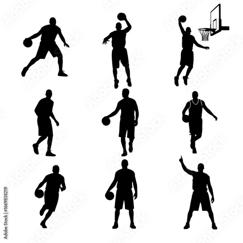 Basketball players in various action poses during game