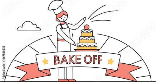 Joyful chef celebrates baking success with tiered cake, inspiring culinary competition vibes