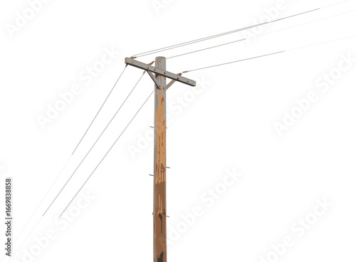 Wooden utility power pole vector illustration, telephone pole with wires, isolated on white background, rural infrastructure, electricity transmission symbol