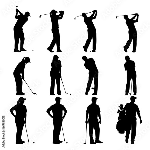 A set of 10 black golf player silhouettes in various dynamic poses, showcasing different swings, stances, and movements, isolated on white background