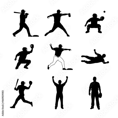Set of silhouettes of baseball player swinging the bat with different pose