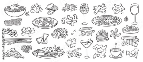 Doodle italian food. Tasty cuisine of italy. Pizza pasta seafood meals and drinks. Traditional cafe or restaurant dishes, lunch dinner neoteric vector elements