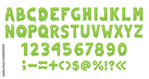 Slime letters. Liquid alphabet, numbers and punctuation marks. Isolated green radioactive toxic abc. Halloween letter for decor, banners, posters, neoteric vector set