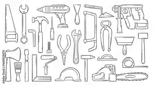 Doodle construction tools. Carpenter tool and equipment. Drill, saw, axe, paint roller, wrench, ruler. Building working elements sketch, neoteric vector clipart