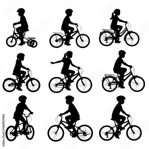 Set of silhouette of children riding bicycle illustration. Toddler play a bike outdoor.	