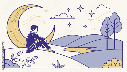 Man gazes at starry night sky from crescent moon overlooking serene landscape, inspiring contemplation.