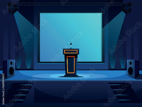 Event conference hall. Tribune with microphone, lights, speakers for sound. Theater, university or show interior with glowing spotlights, sapid vector scene
