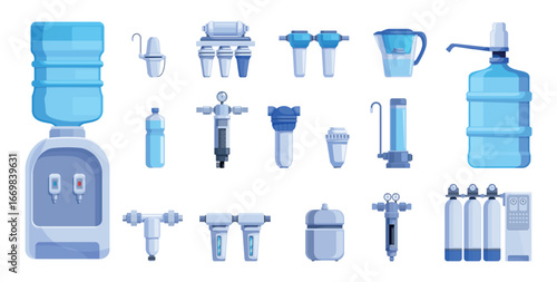 Cartoon water purification tools. Isolated filtering system for home and office. Clean aqua equipment, water filter jar and filtration membrane sapid vector set