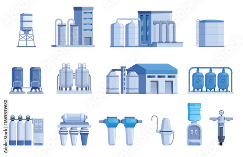 Water purification industry. Factories and filtration aqua engineering system. Cleaning water process, purifying liquids for drink and use, industrial sapid vector icons