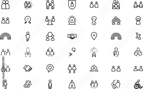 Diversity and inclusion icons with teamwork, equality, community, collaboration, partnership, communication, and human connection