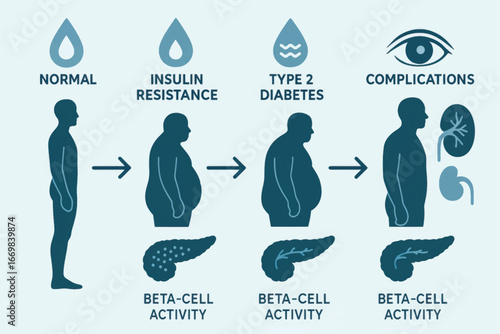 Vector infographic of diabetes development stages from insulin resistance to complications with organ icons and beta-cell function illustration.