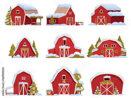 Christmas red barns. Winter holiday decorations on red wooden farmhouse. Xmas tree with garlands, wreath, present box piles, sapid vector set