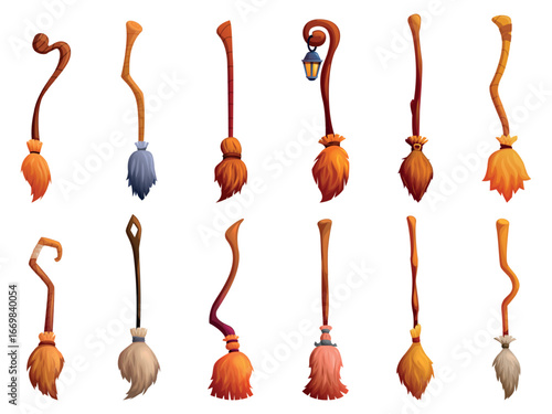 Cartoon witch brooms. Witches broom with wooden sticks, magic halloween accessories. Household tools old style, decorative wizard sapid vector set