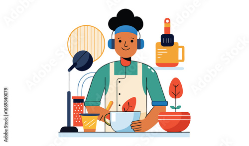 Young chef mixing ingredients in a bowl while wearing headphones