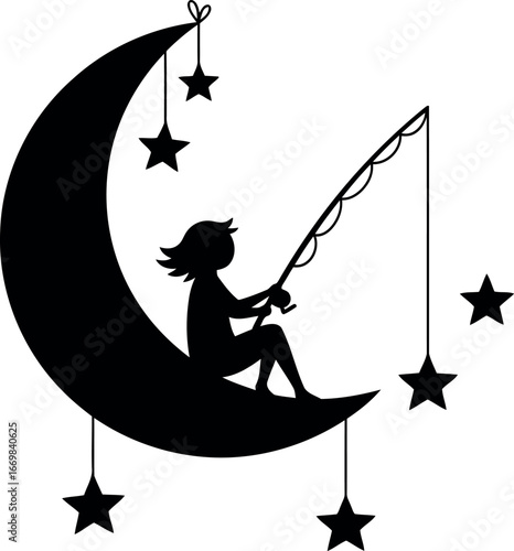 Dreamy child fishing stars from crescent moon silhouette vector